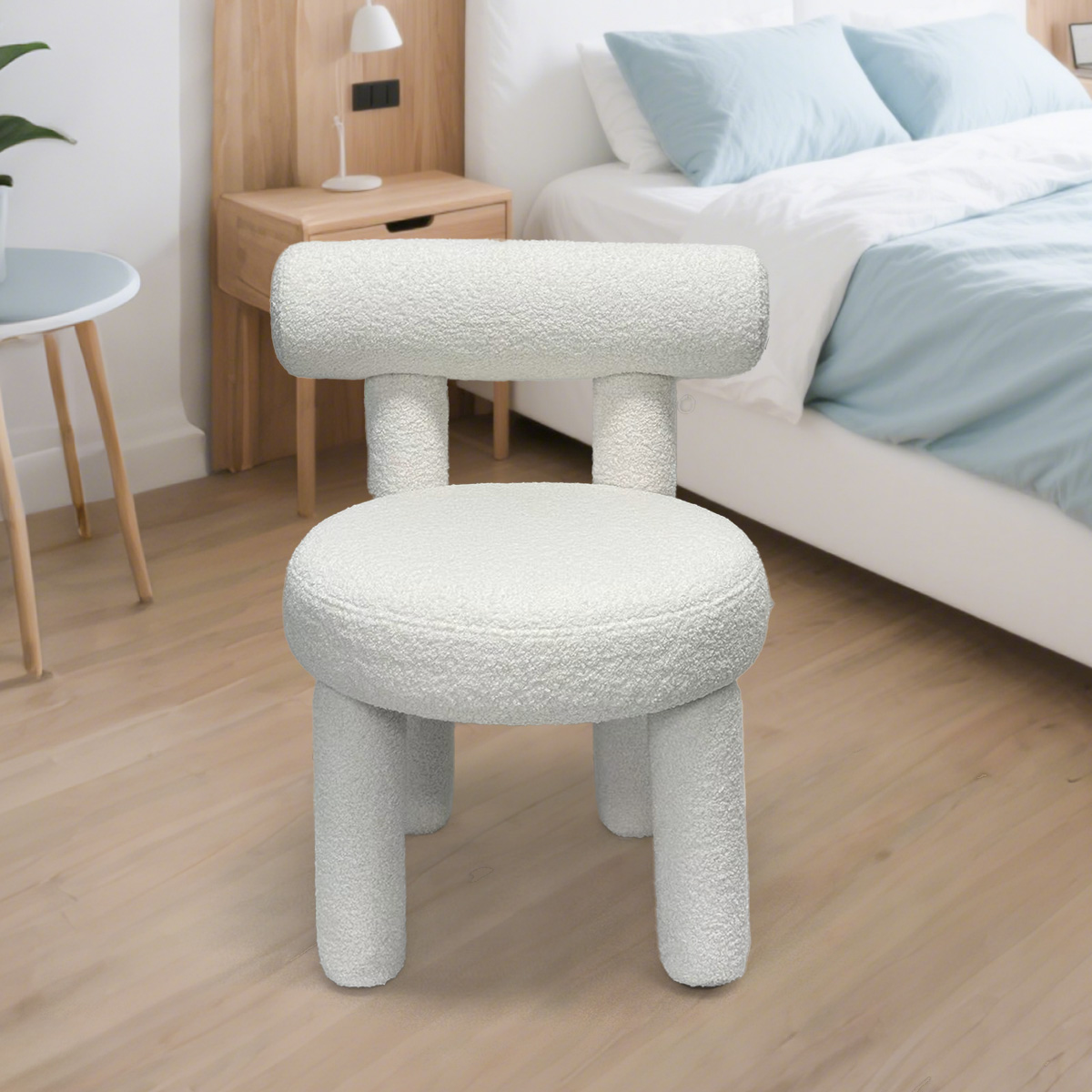 Cream Bouclé Upholstered Dining Chair | Round Back Side Chair | Modern Armless Leisure Chair