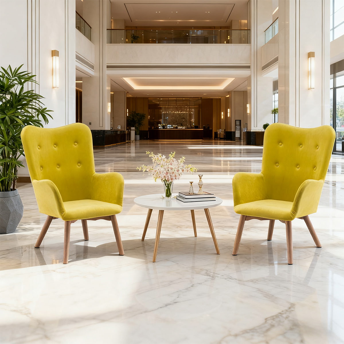 আধুনিক হলুদ ভেলভেট অ্যাকসেন্ট আর্মচেয়ার — লিভিং রুম, বেডরুম বা অফিসের জন্য কাঠের পা এবং আর্মরেস্ট সহ উইংব্যাক টাফ্টেড অবসর চেয়ার